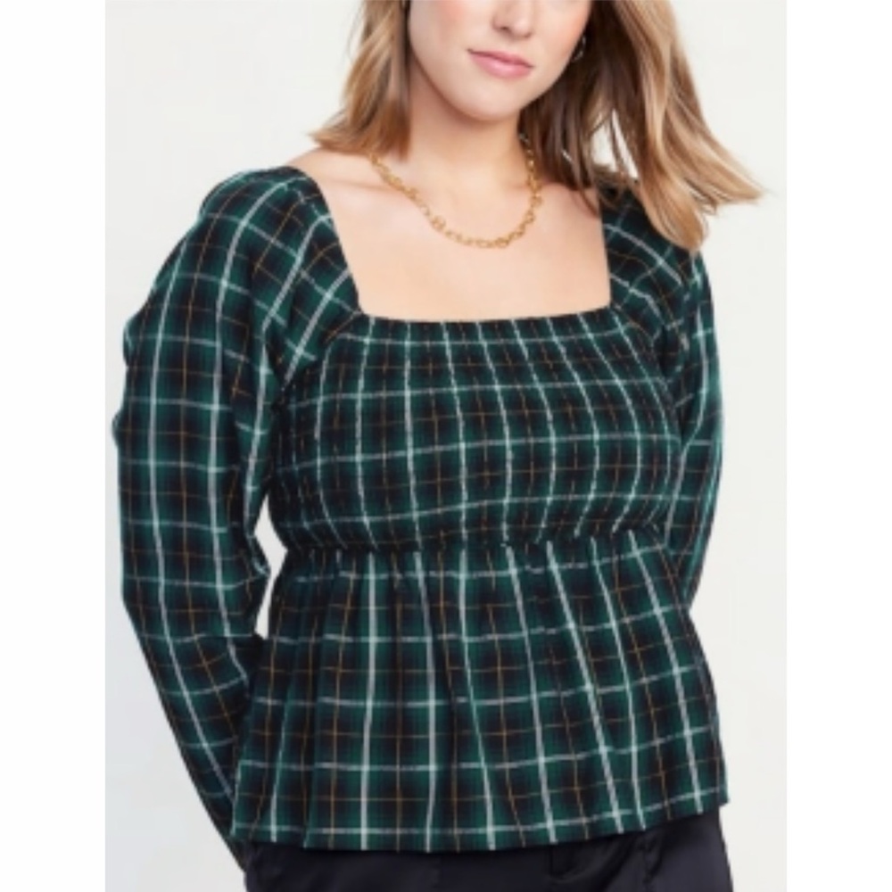 Old Navy Green Plaid Smocked Babydoll Top